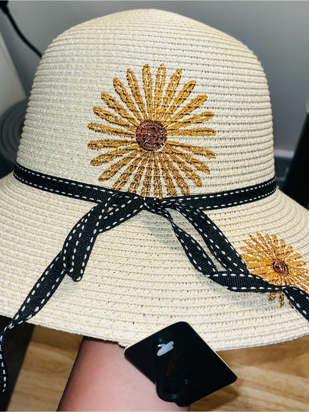 Straw Sun Hat with Yellow Sunflower Embroidery and Black Ribbon